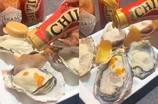 運ばれてきた白くてプリプリな牡蠣に､赤いソースをポタポタと
