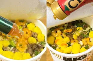 カップヌードルを追い辛(左:タバスコ､右:チリーズ)